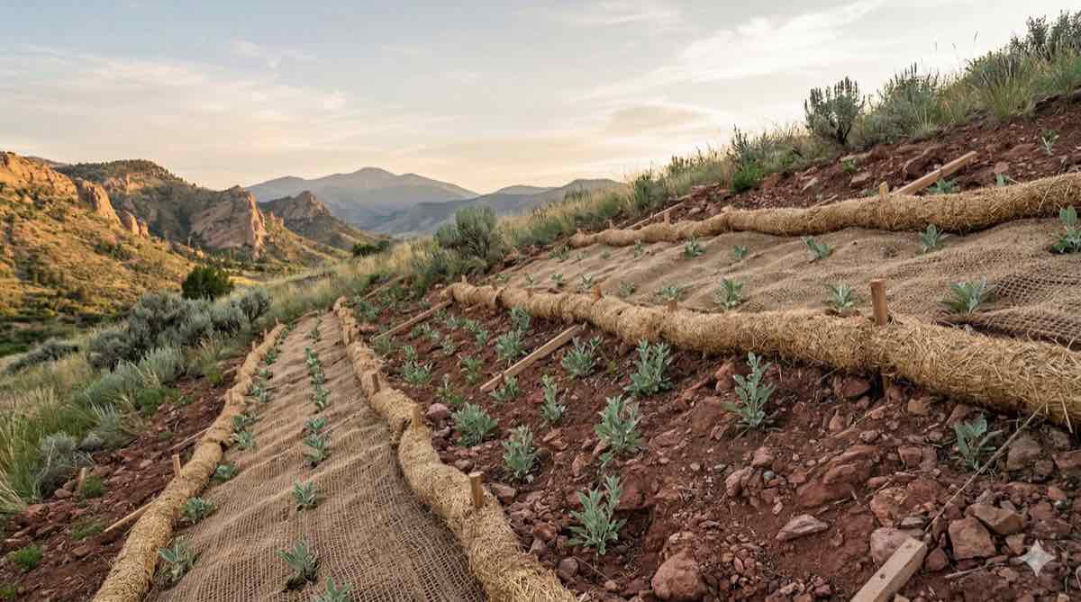 Erosion control blanket with native plant transplants on hillside
