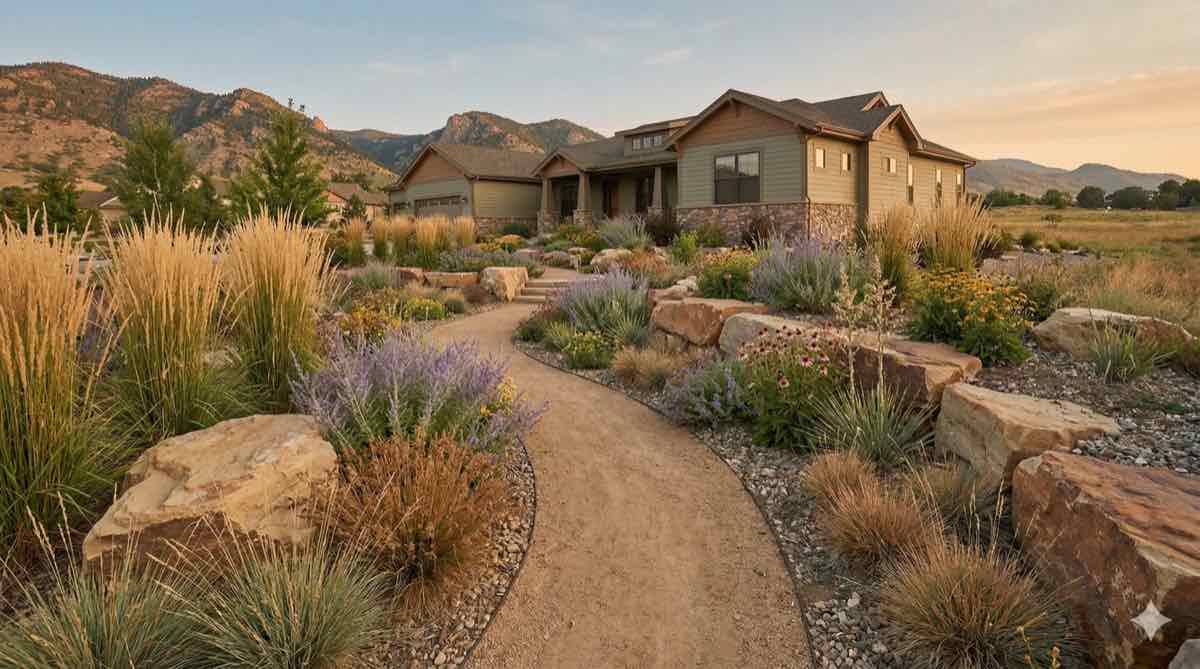 Xeriscape home with native wildflowers and boulder landscaping